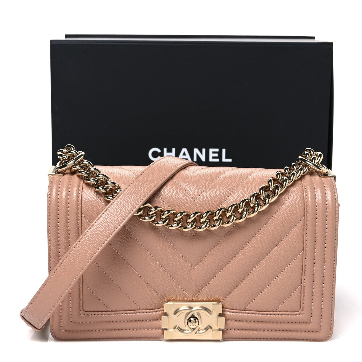 Caviar Chevron Quilted Medium Boy Flap Beige