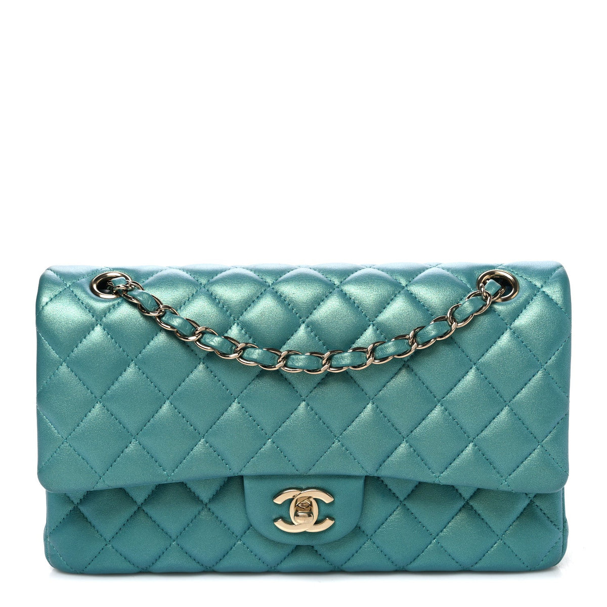 Iridescent Lambskin Quilted Medium Double Flap Green
