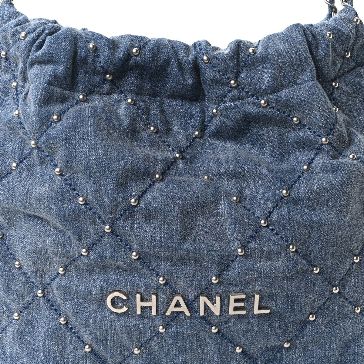 Washed Denim Quilted Studded Small Chanel 22 Blue