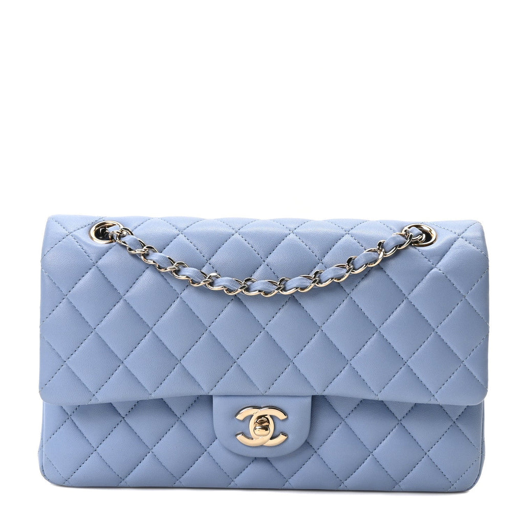Lambskin Quilted Medium Double Flap Light Blue