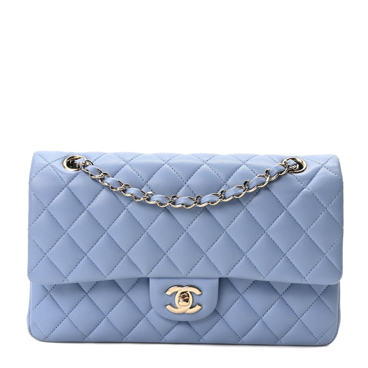 Lambskin Quilted Medium Double Flap Light Blue