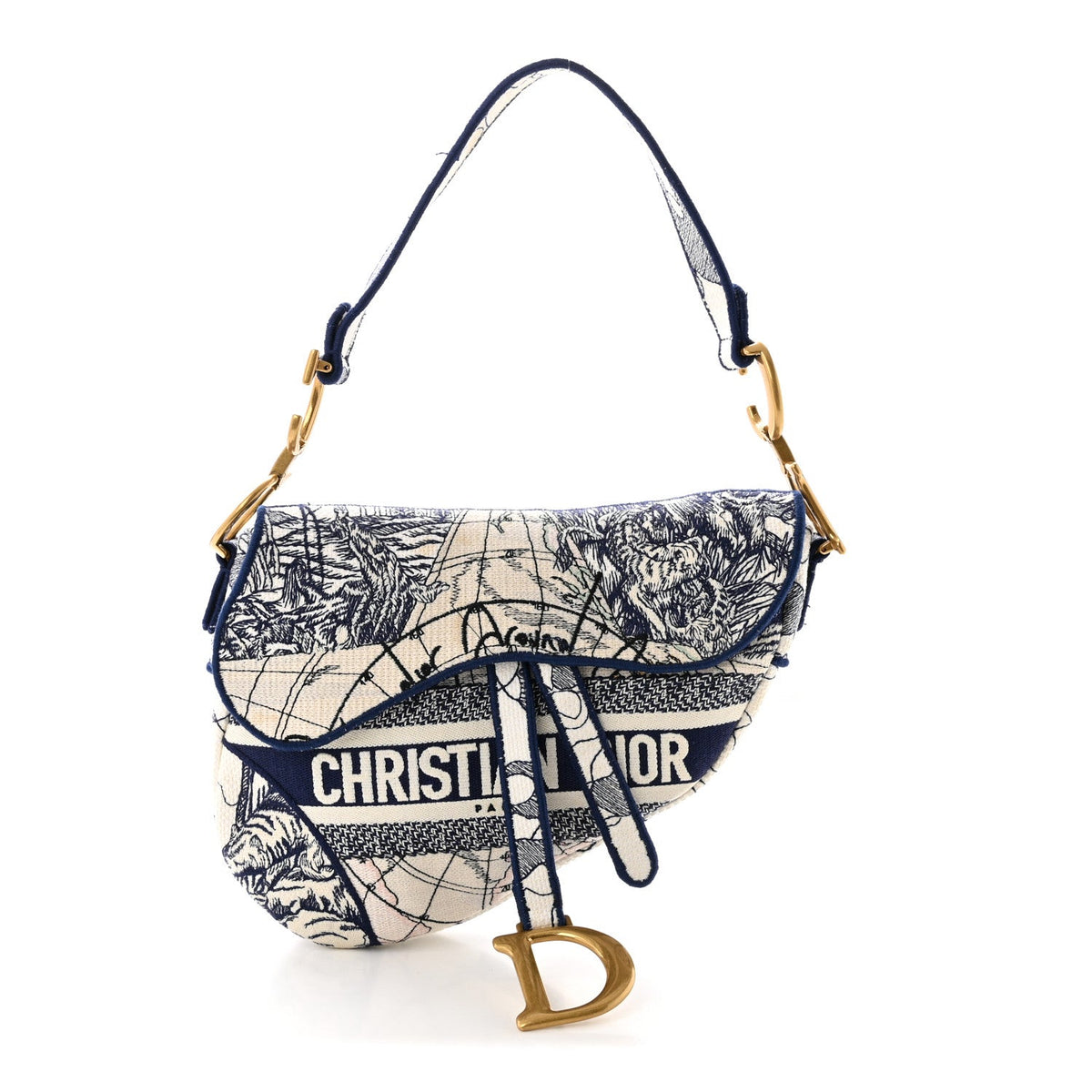 Canvas Embroidered Around the World Saddle Bag Blue