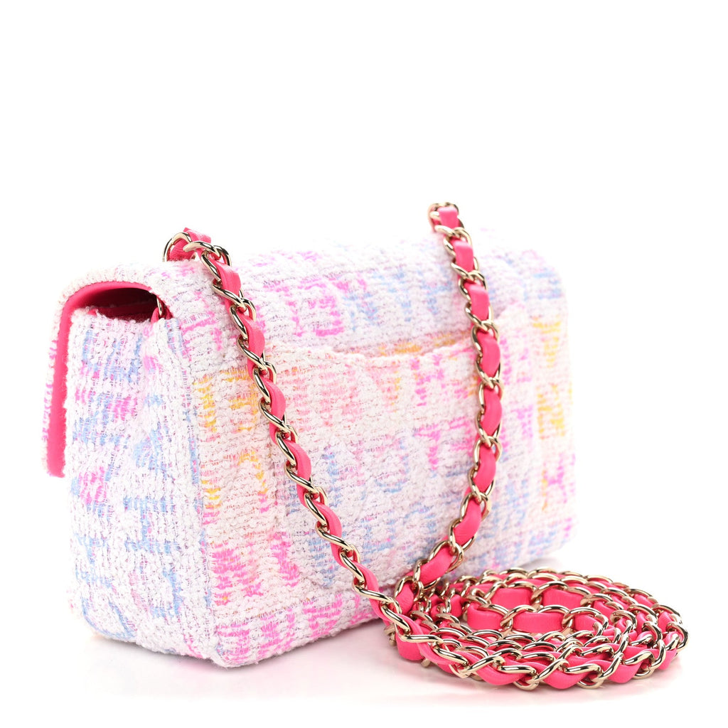 Tweed Quilted Enamel CC Logo Mini Rectangular Flap Pink Multicolor
