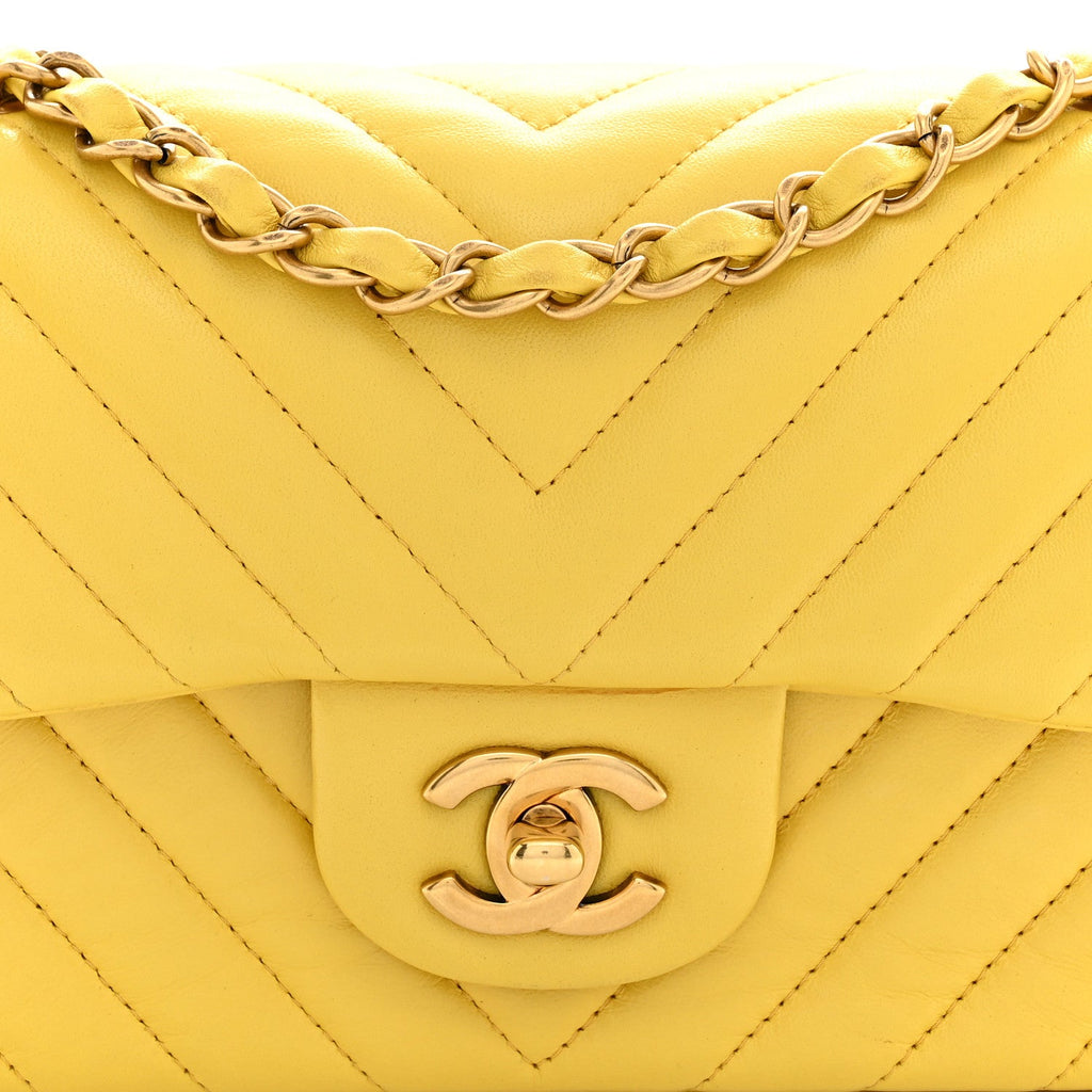 Lambskin Chevron Quilted Mini Rectangular Flap Yellow