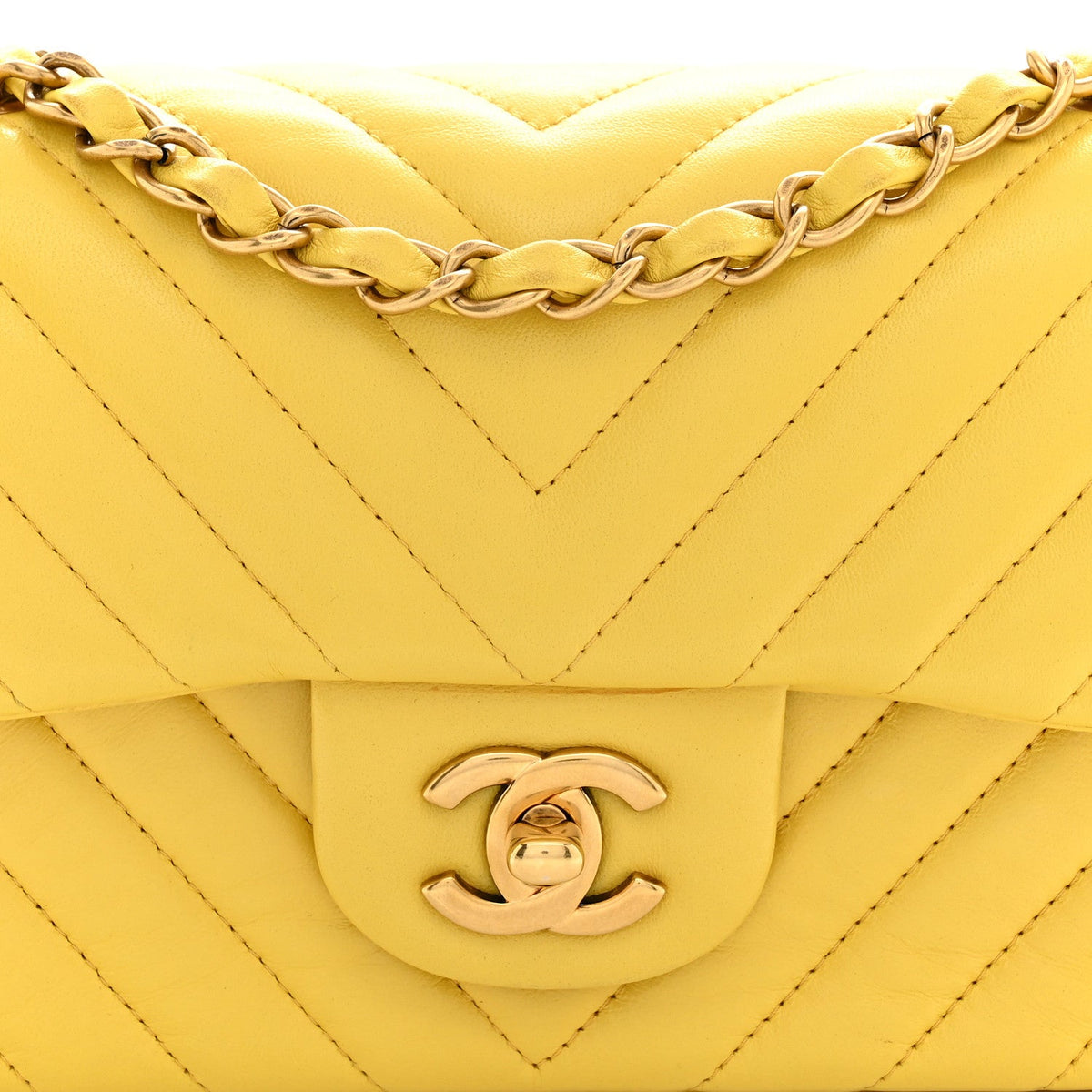 Lambskin Chevron Quilted Mini Rectangular Flap Yellow