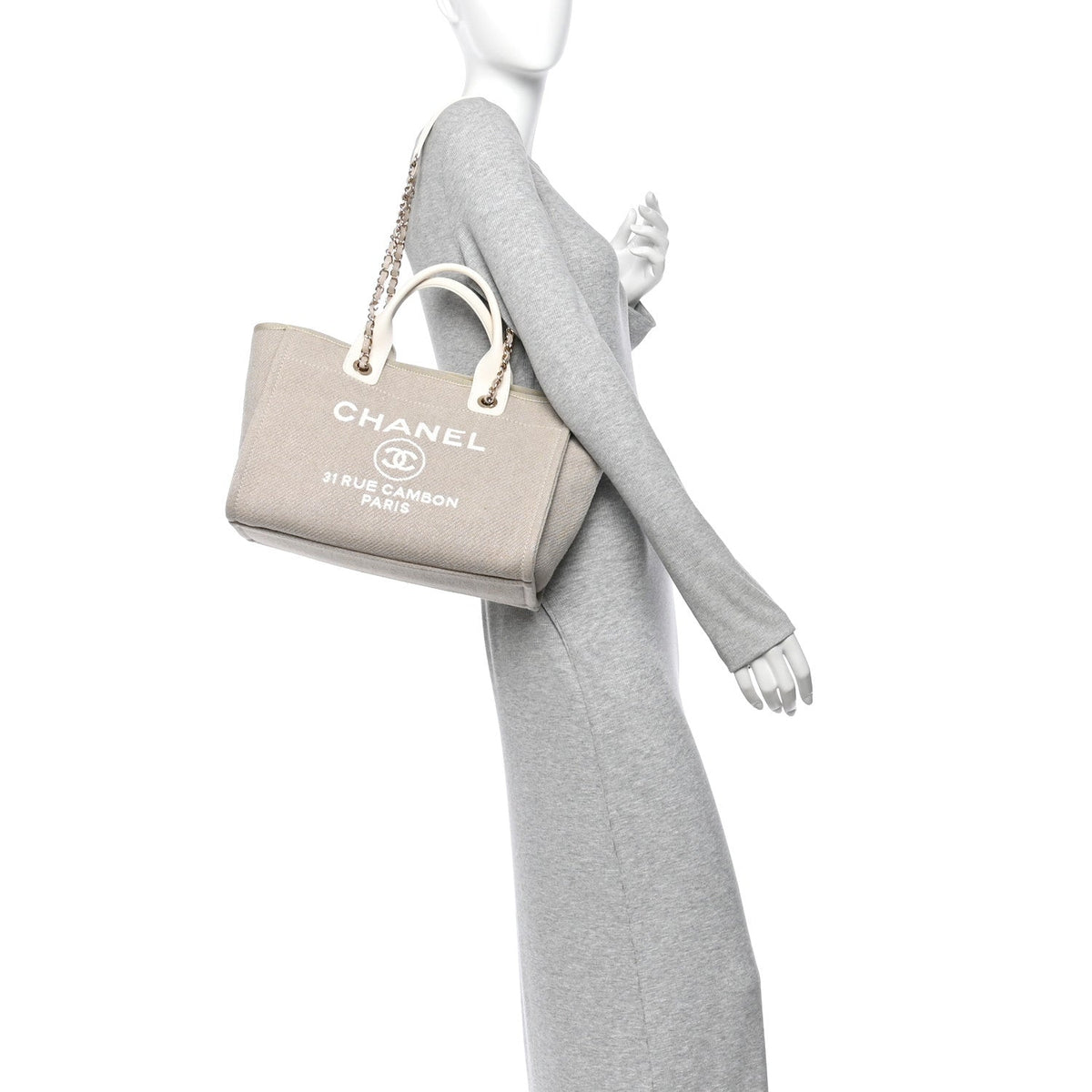 Mixed Fibers Calfskin Small Deauville Tote Beige White