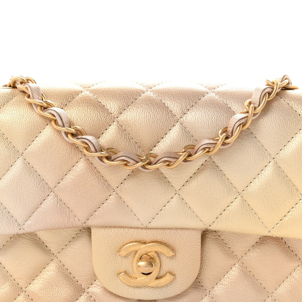 Metallic Goatskin Quilted Mini Rectangular Flap Gold