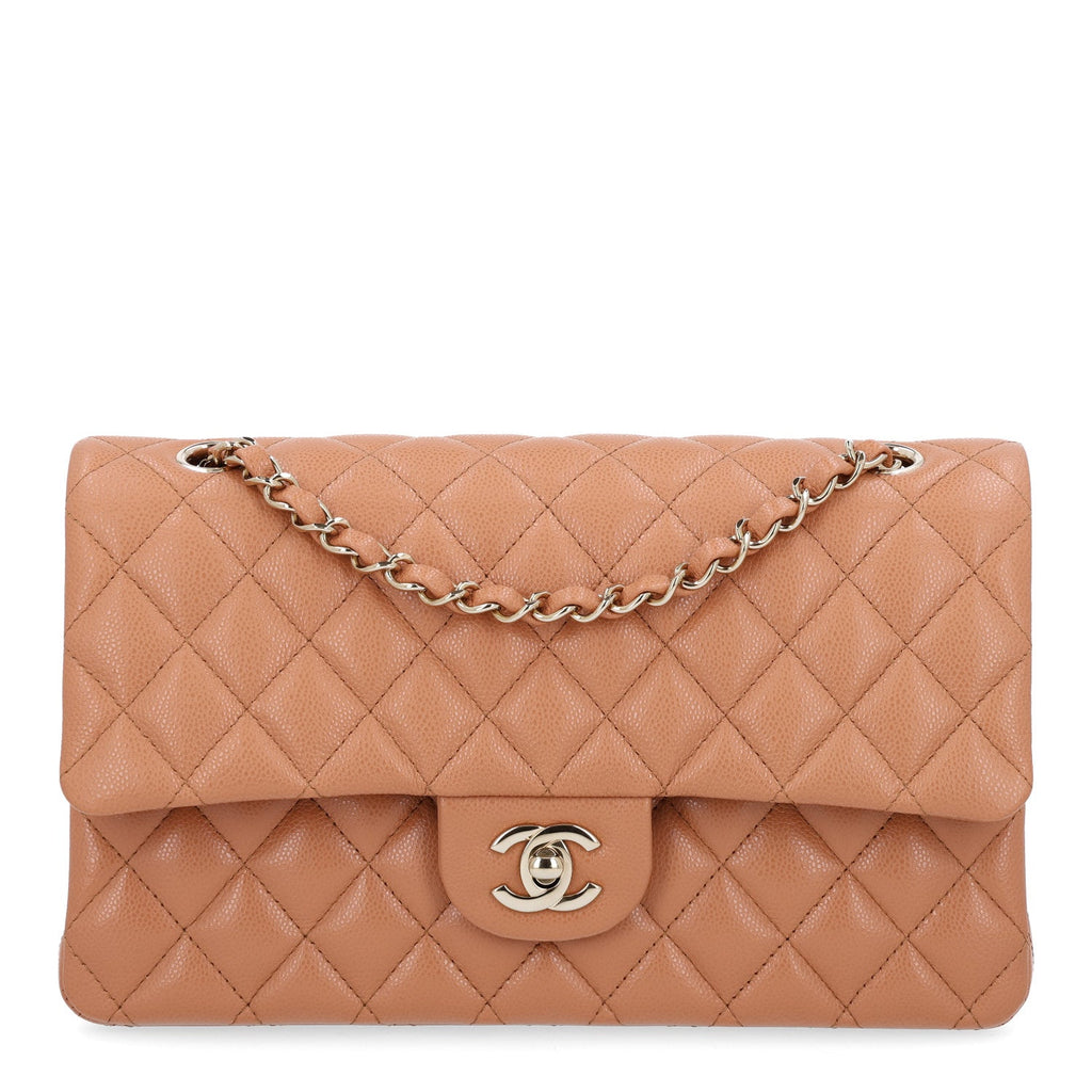 Caviar Quilted Medium Double Flap Light Brown