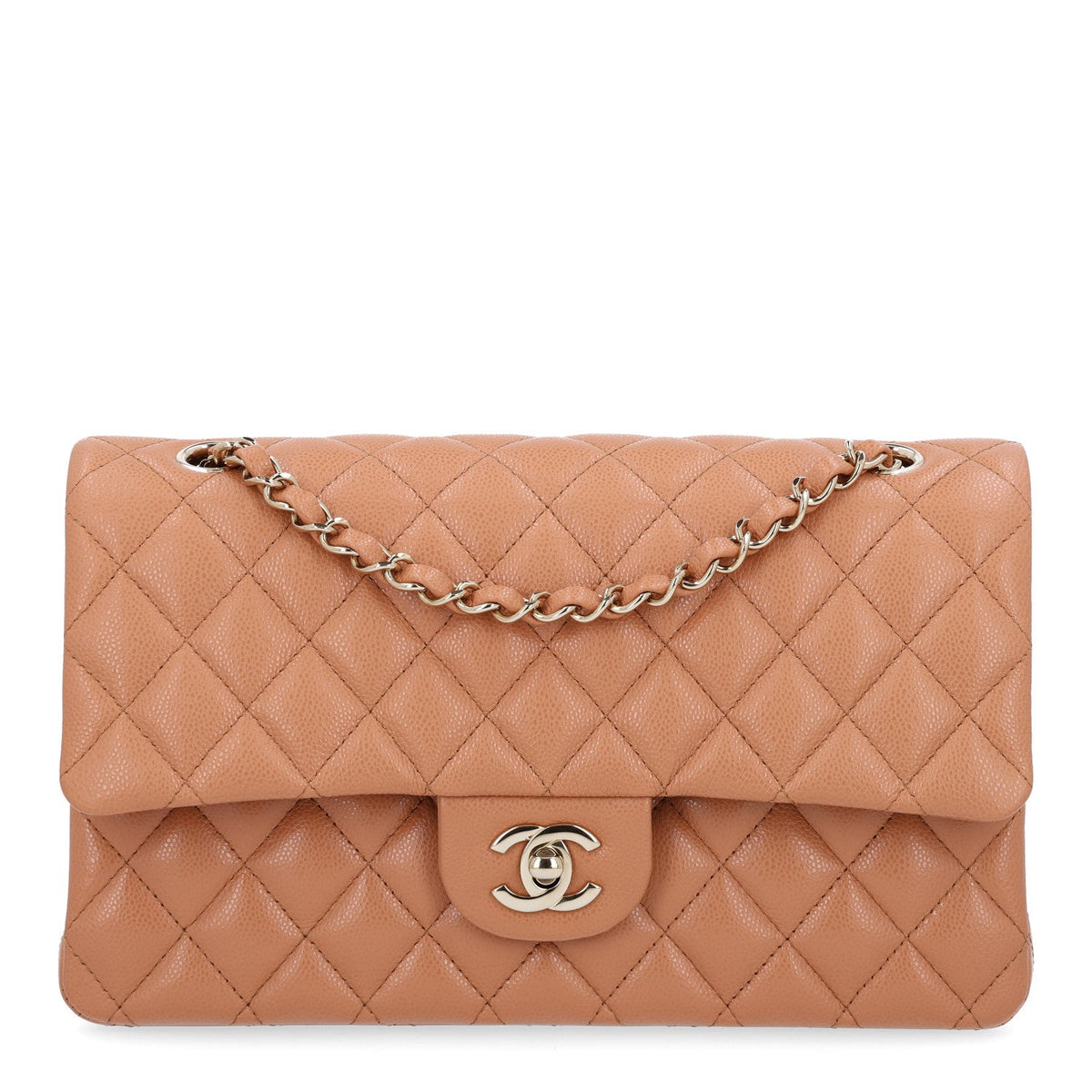 Caviar Quilted Medium Double Flap Light Brown