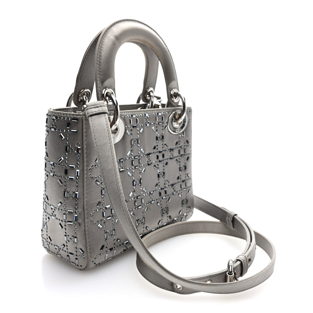 Satin Crystal Cannage Mini Lady Dior Gray