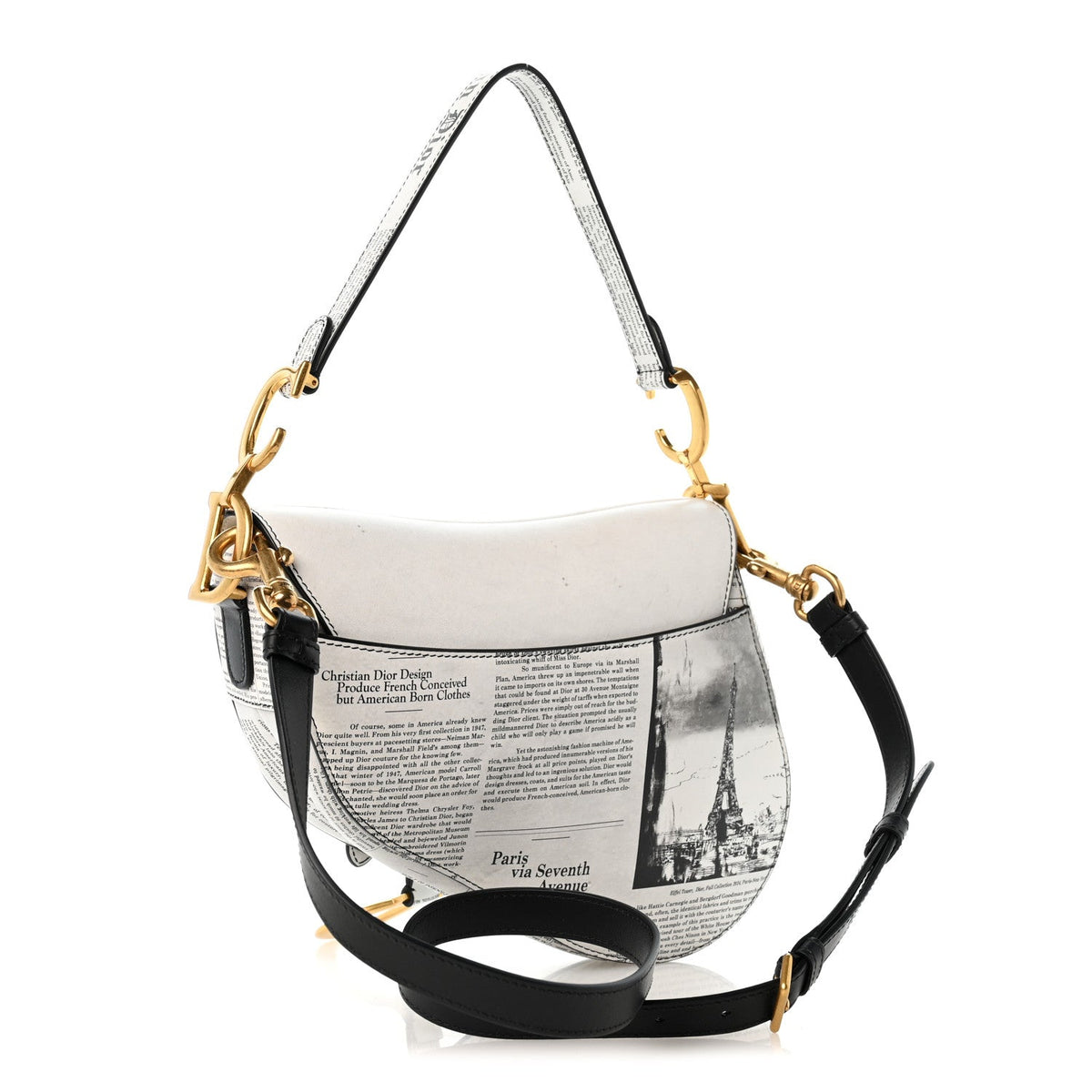 Calfskin Newspaper Printed Saddle Bag With Strap Black White