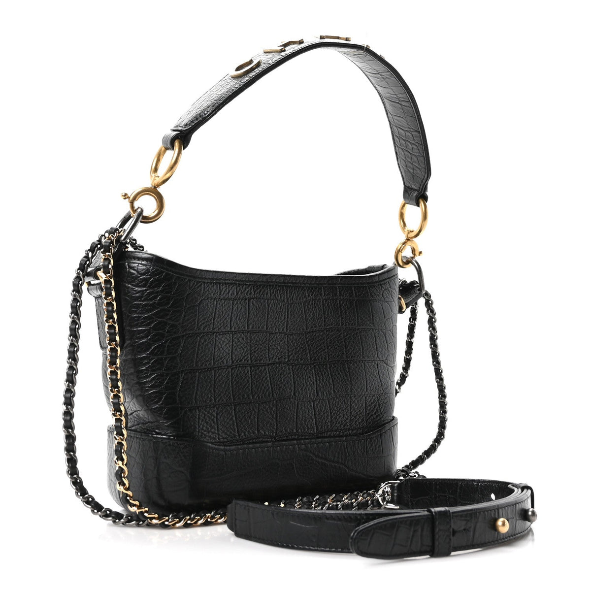Calfskin Crocodile Embossed Small Gabrielle Cocodile Hobo Black