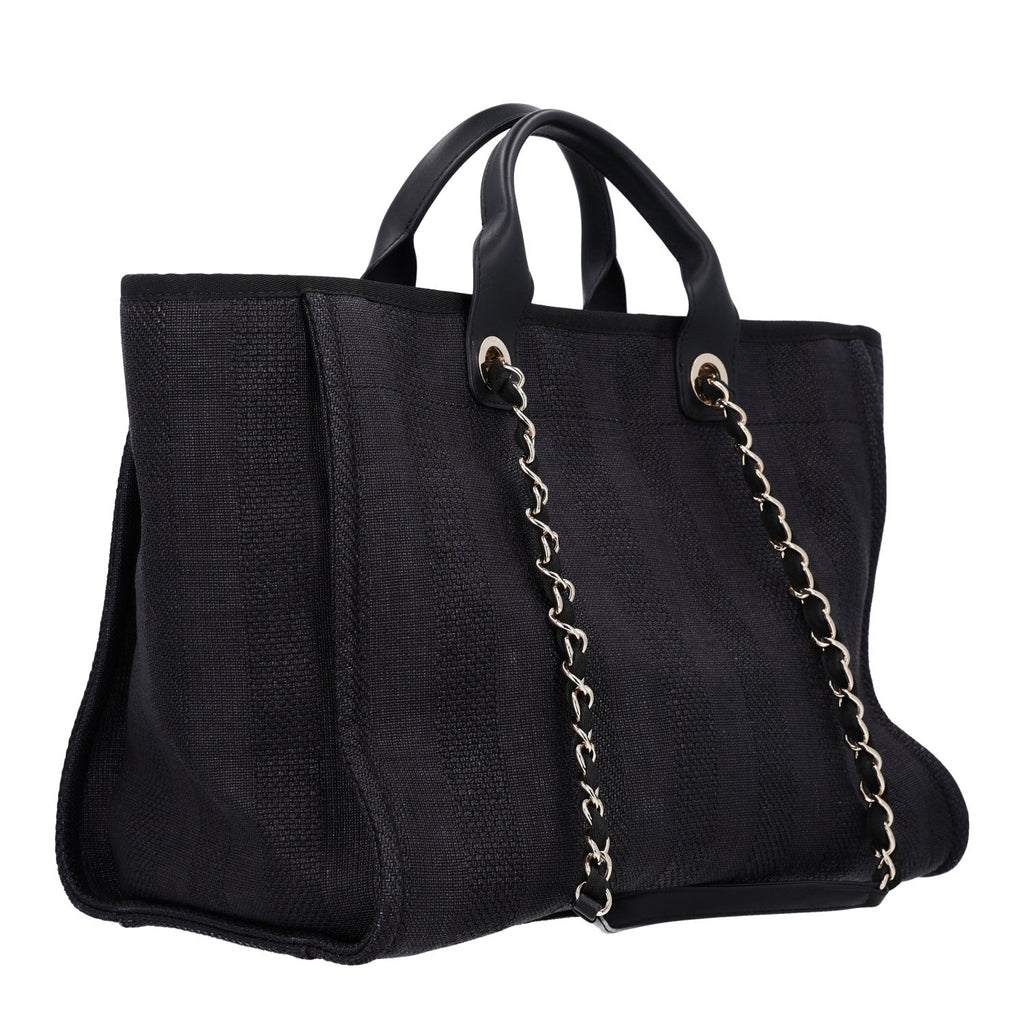 Mixed Fibers Calfskin Striped Medium Deauville Tote Black
