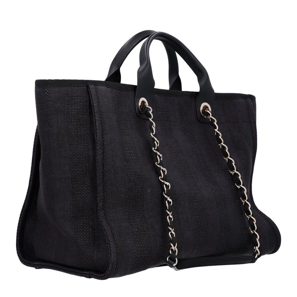 Mixed Fibers Calfskin Striped Medium Deauville Tote Black