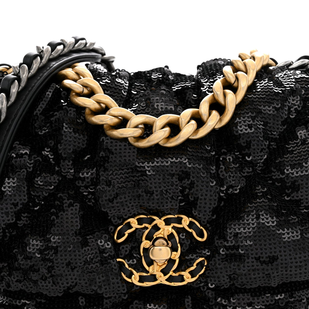 Sequin Quilted Medium Chanel 19 Flap Black