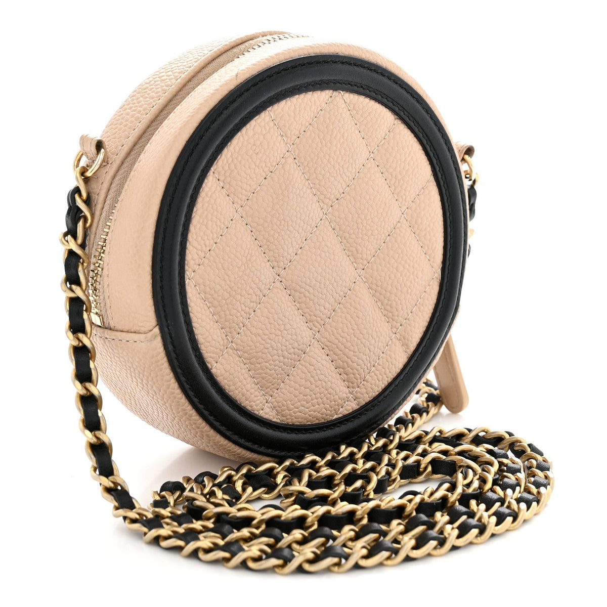 Caviar Quilted Round Filigree Crossbody Beige Black