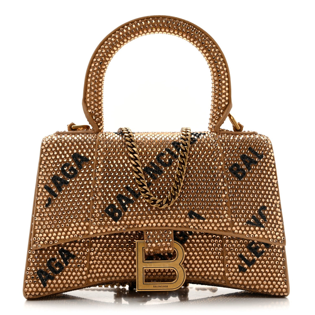 Strass Suede Allover Logo Hourglass Top Handle Bag XS with Chain Gold Black