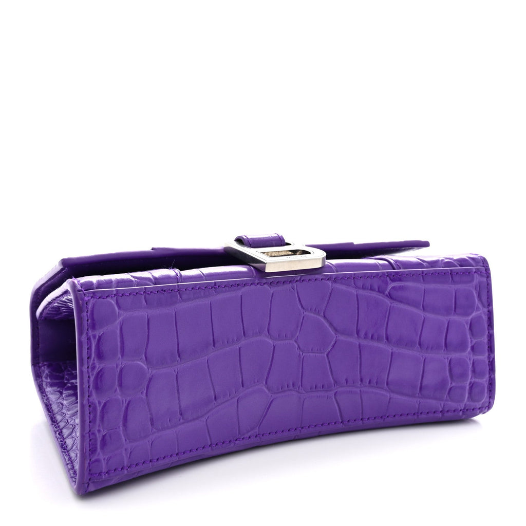 Shiny Calfskin Crocodile Embossed Hourglass Top Handle Bag XS Viola