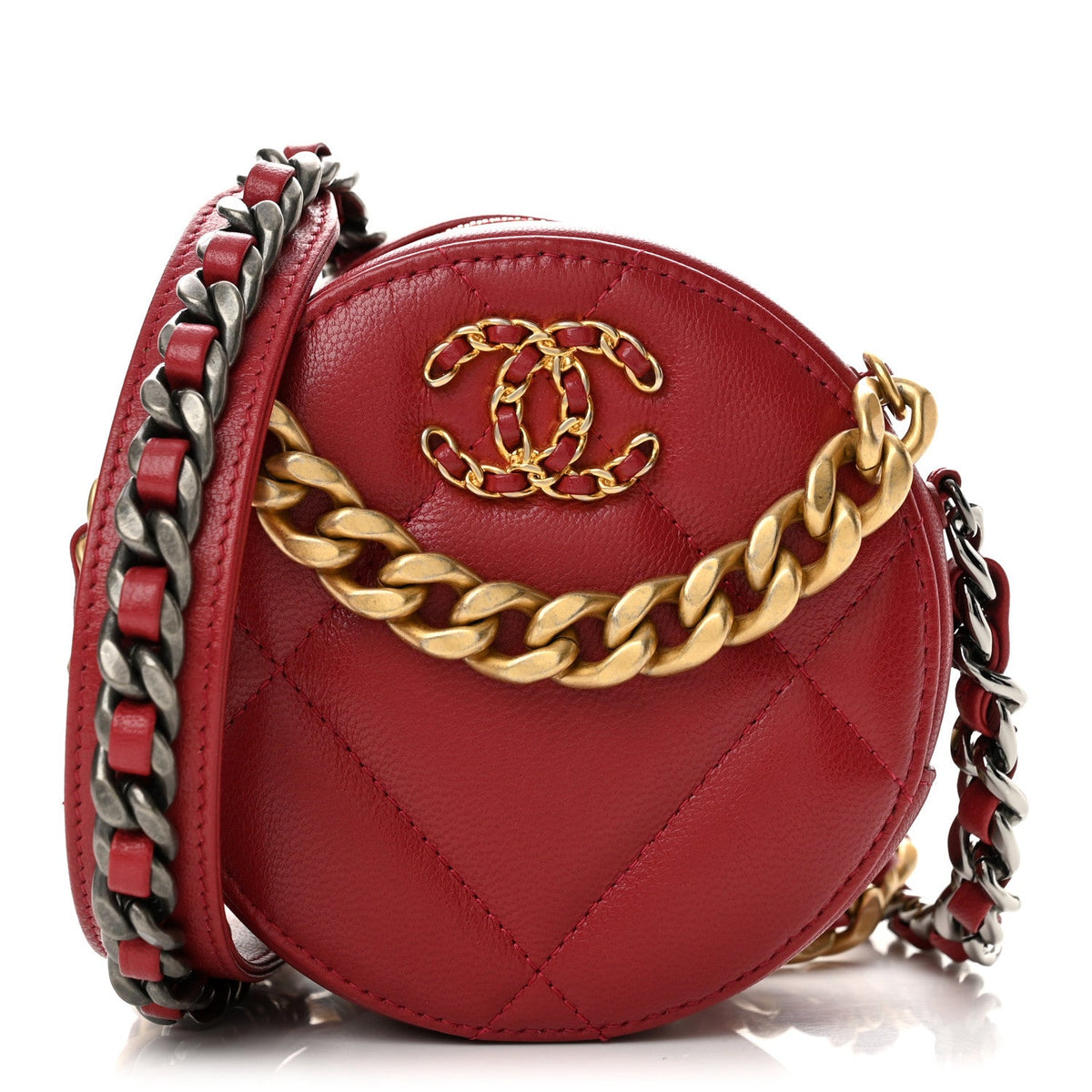 Shiny Goatskin Quilted Chanel 19 Round Clutch With Chain Red