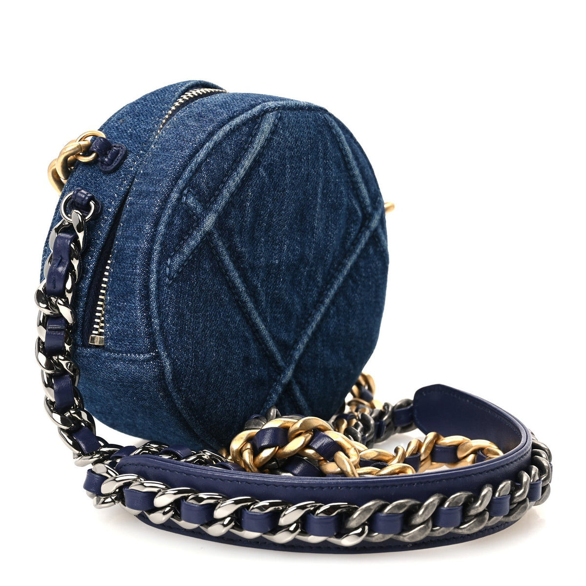 Denim Quilted Chanel 19 Round Clutch With Chain Blue