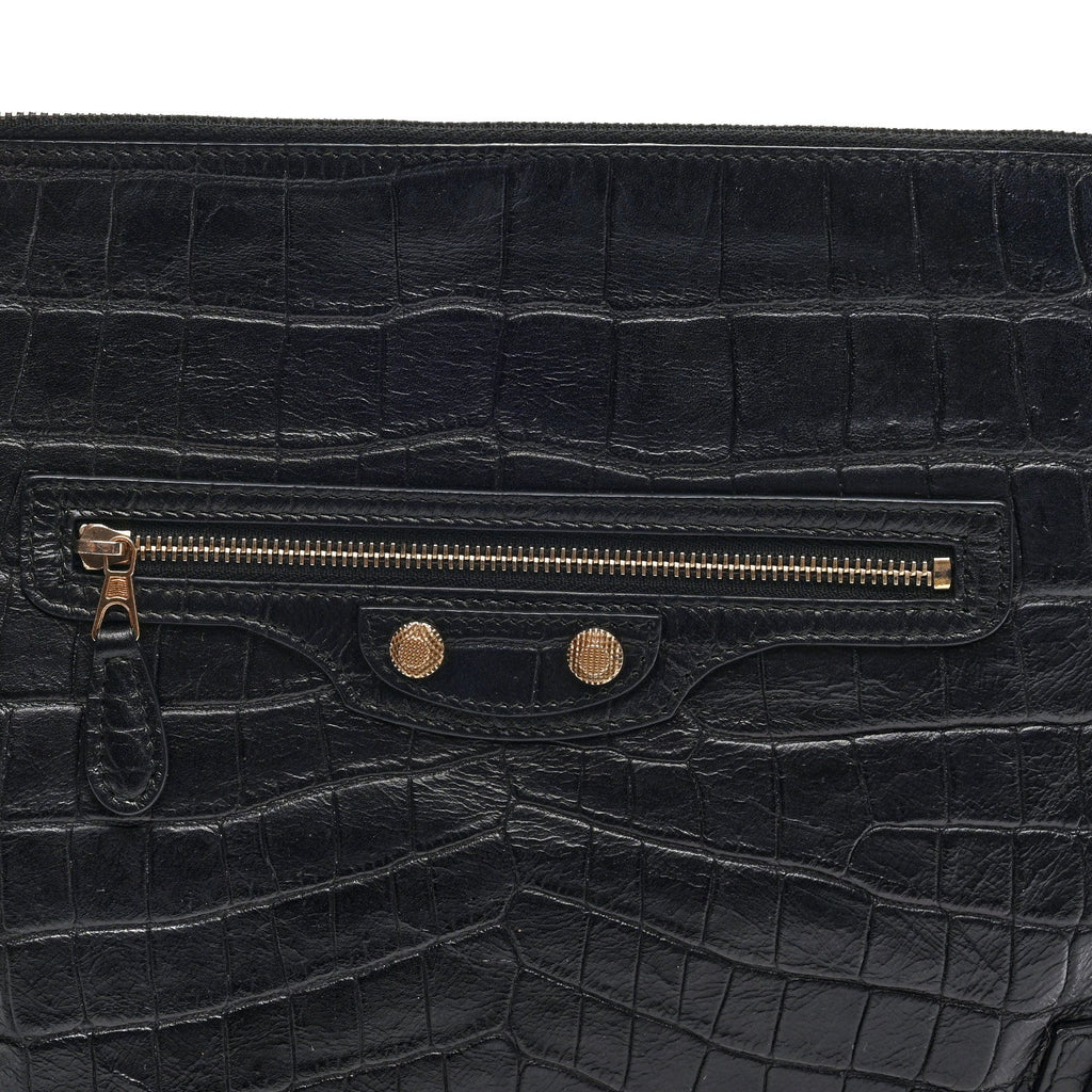 Crocodile Embossed Giant 12 Gold Hardware Pouch Clutch Black