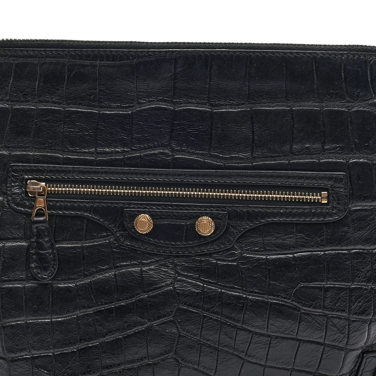 Crocodile Embossed Giant 12 Gold Hardware Pouch Clutch Black