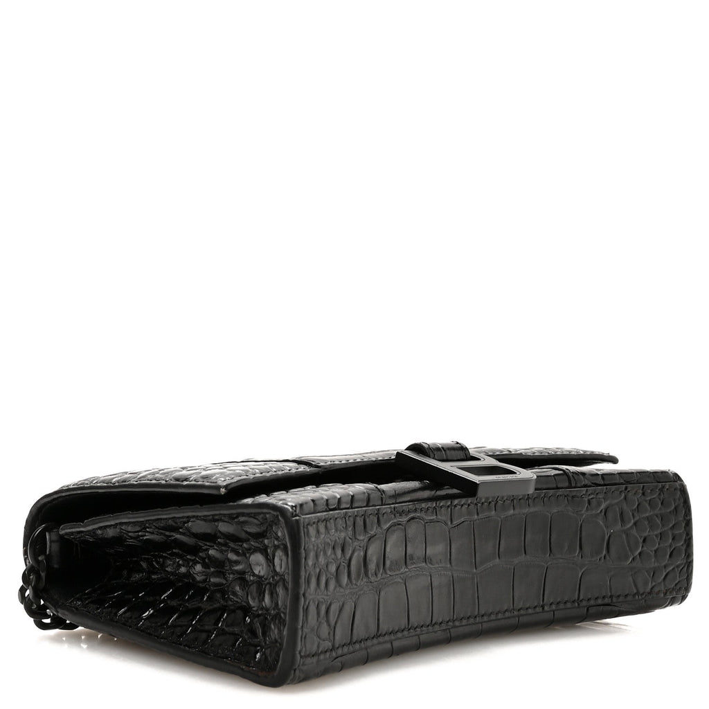 Shiny Calfskin Monochrome Crocodile Embossed Hourglass Chain Bag Black