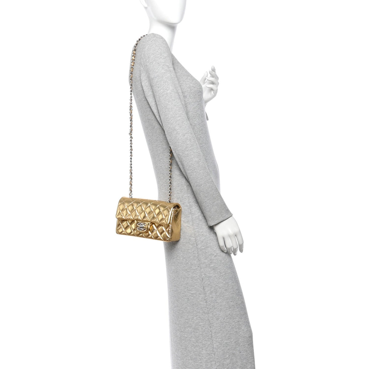 Metallic Crumpled Calfskin Quilted Mini Rectangular Flap Gold