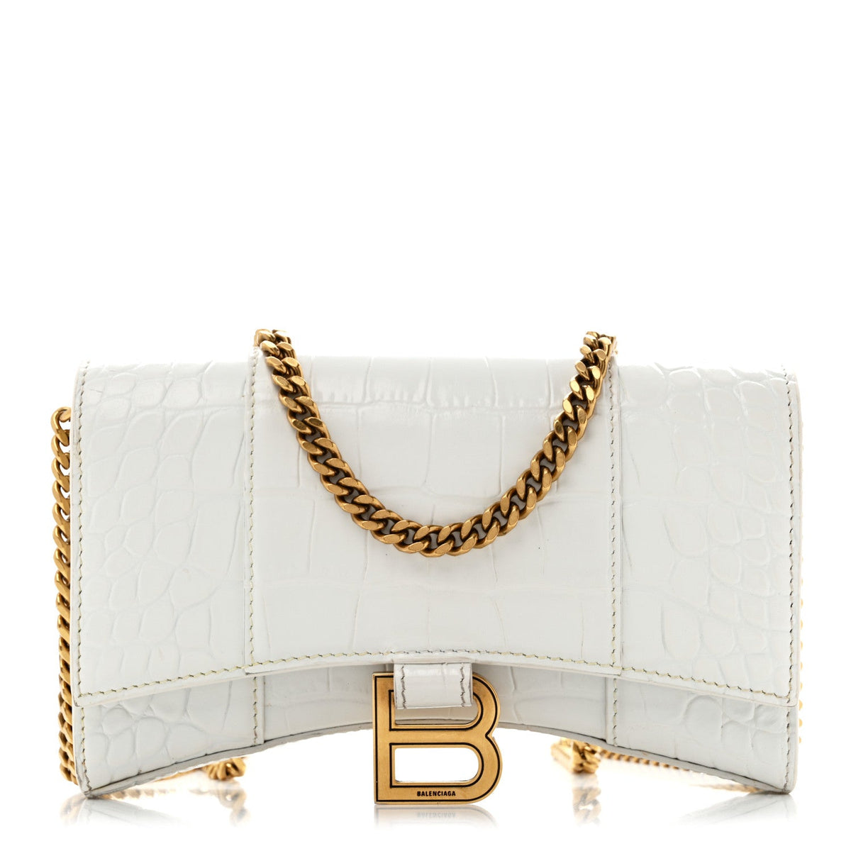 Shiny Calfskin Crocodile Embossed Hourglass Chain Bag White