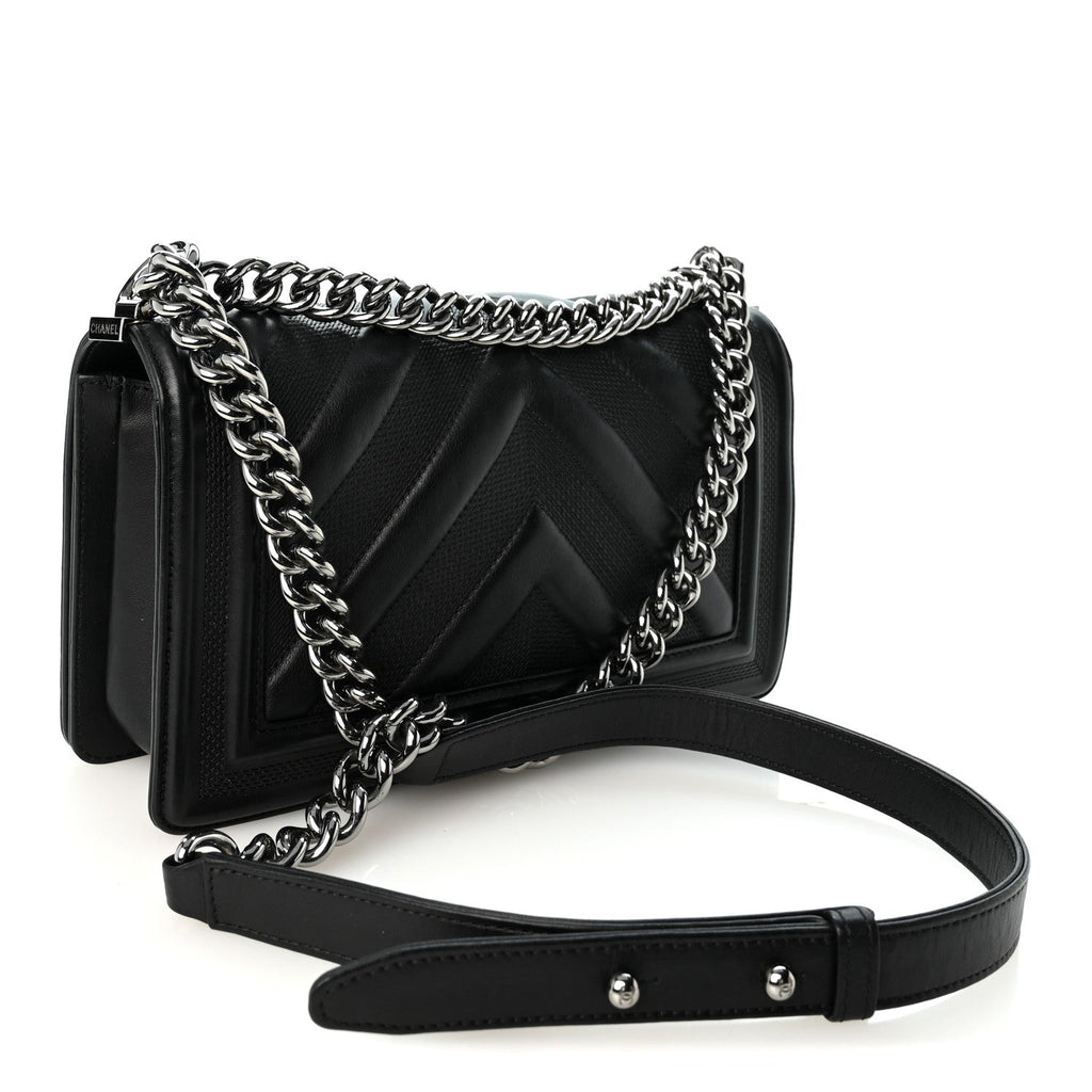 Calfskin Perforated Chevron Quilted Medium Boy Flap Black