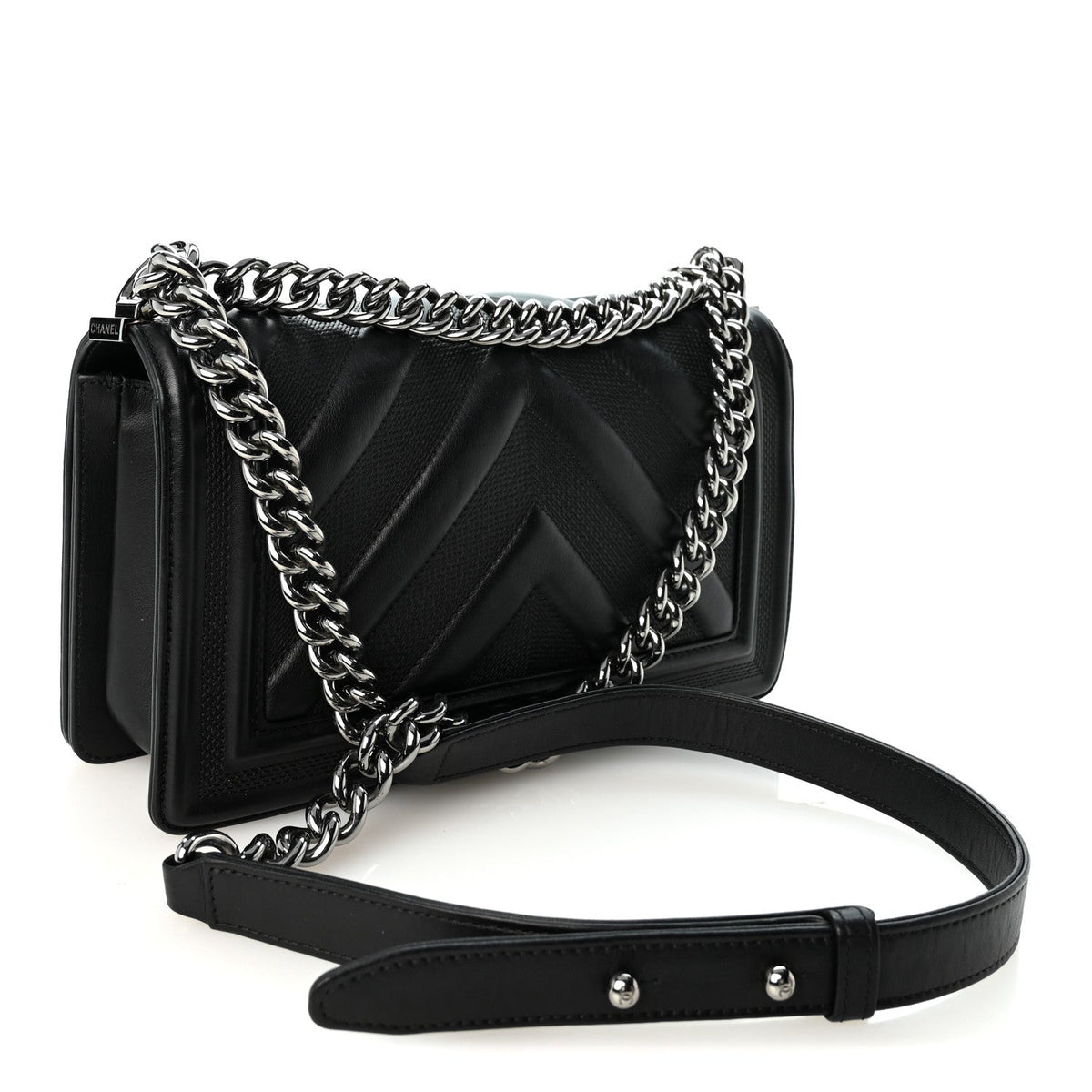 Calfskin Perforated Chevron Quilted Medium Boy Flap Black
