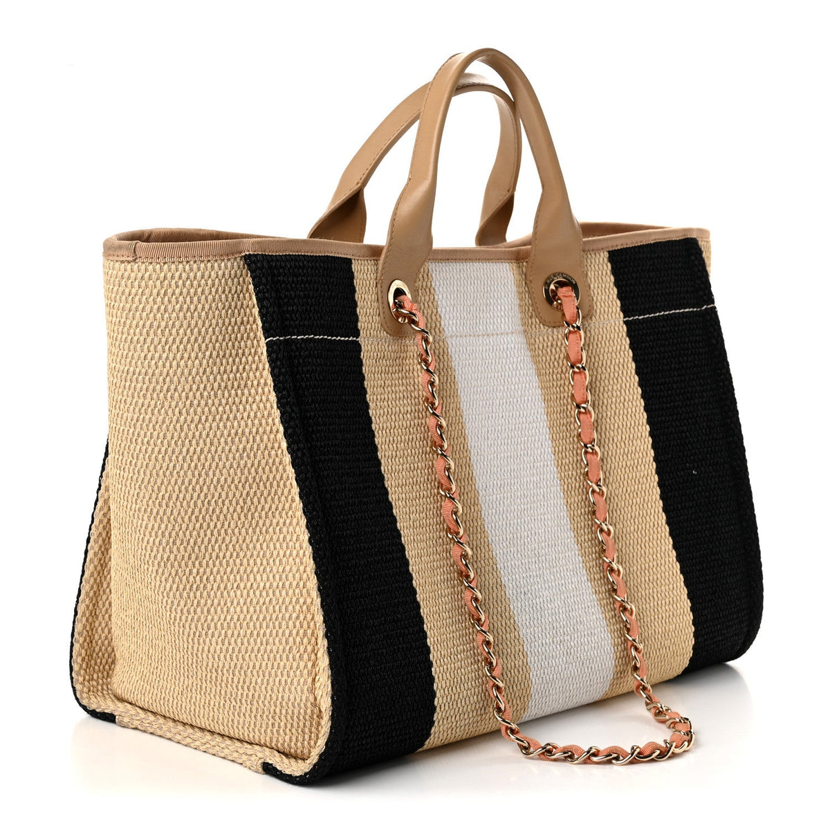 Straw Raffia Calfskin Striped Medium Deauville Tote Black Beige Ivory