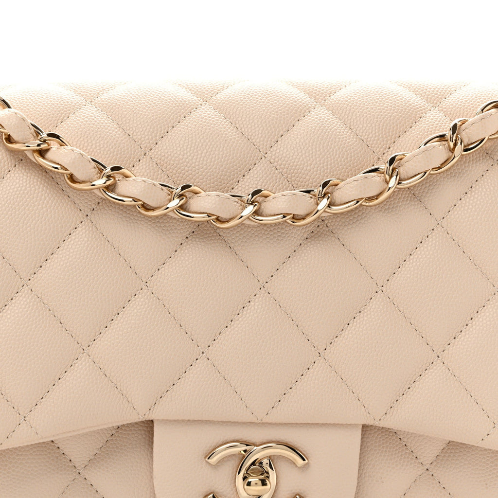Caviar Quilted Jumbo Double Flap Light Beige