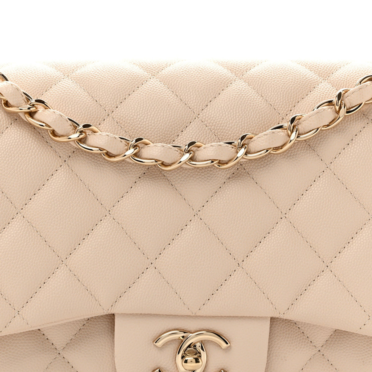 Caviar Quilted Jumbo Double Flap Light Beige