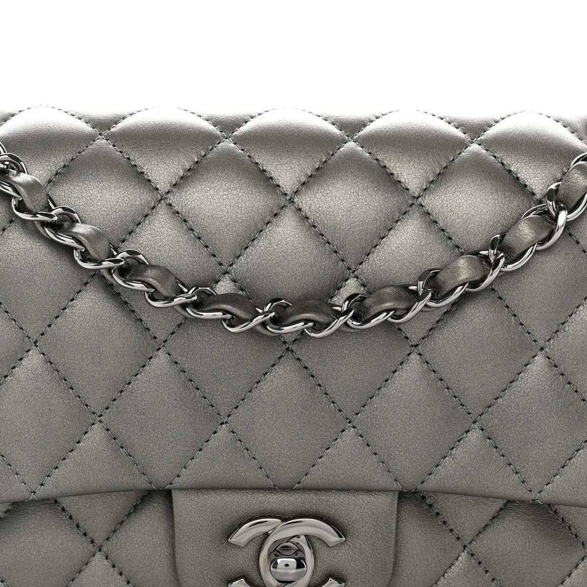 Metallic Calfskin Quilted Medium Double Flap Ruthenium