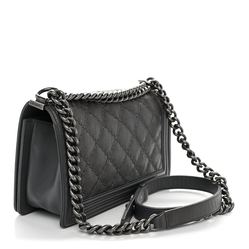 Calfskin Double Stitch Medium Boy Flap Grey