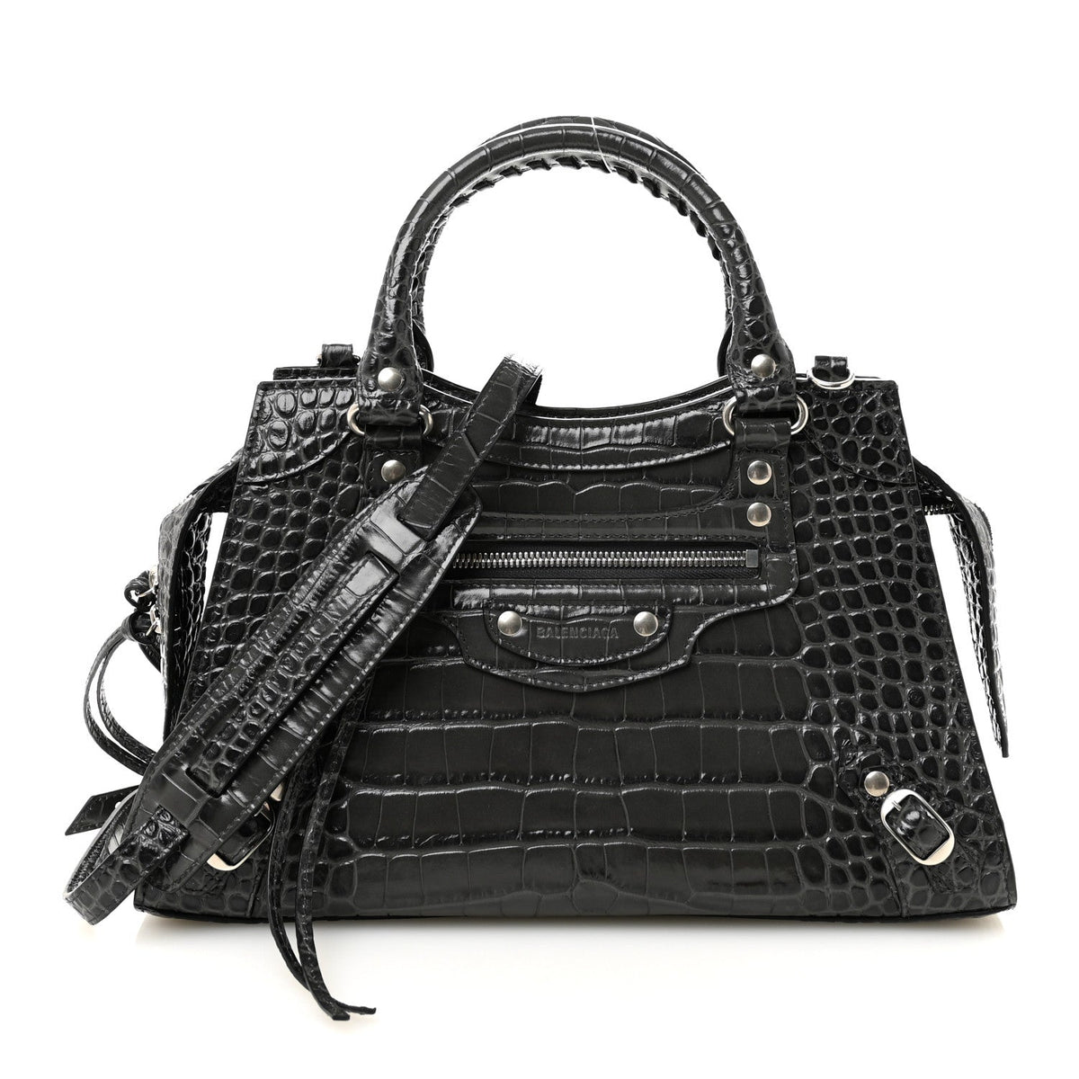 Shiny Supple Calfskin Crocodile Embossed Neo Classic Silver Hardware S City Dark Grey