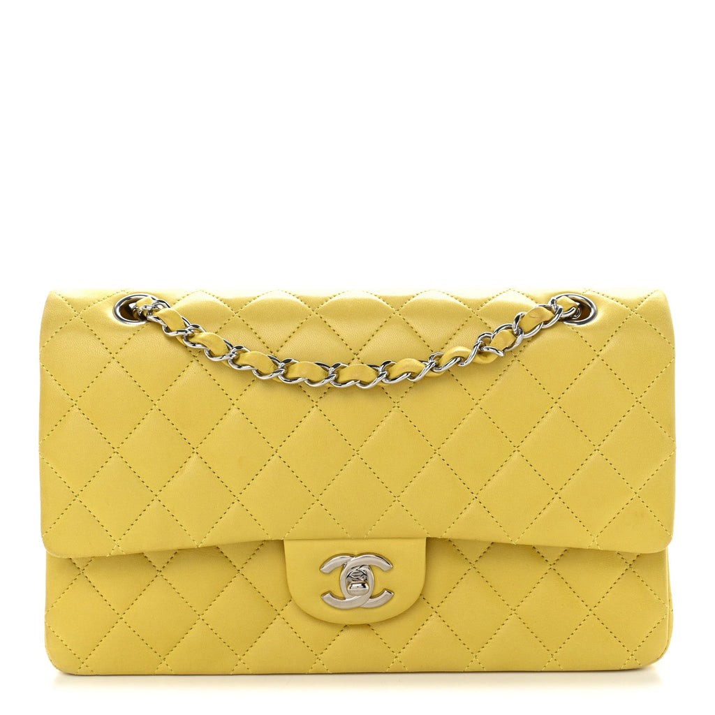 Lambskin Quilted Medium Double Flap Yellow