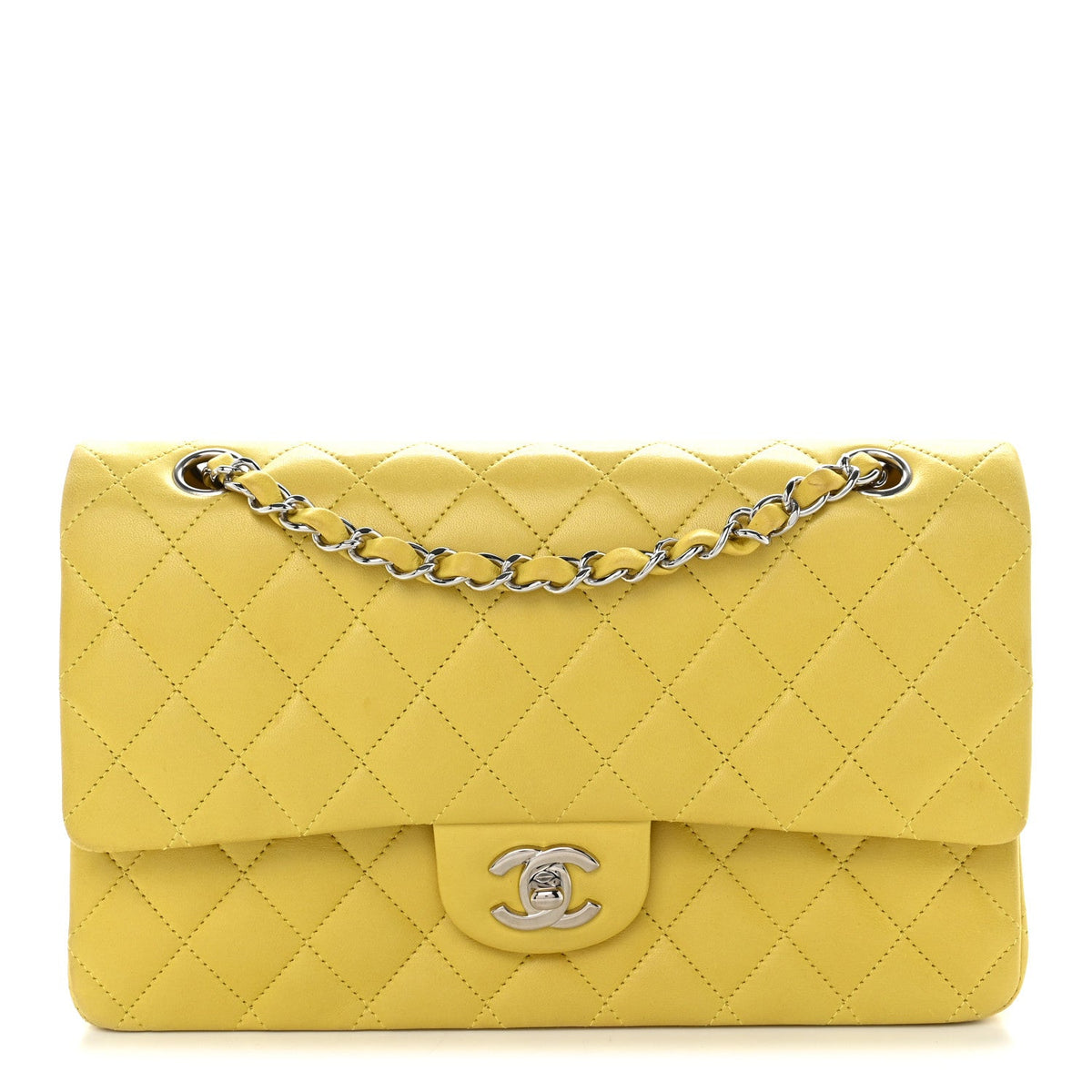 Lambskin Quilted Medium Double Flap Yellow