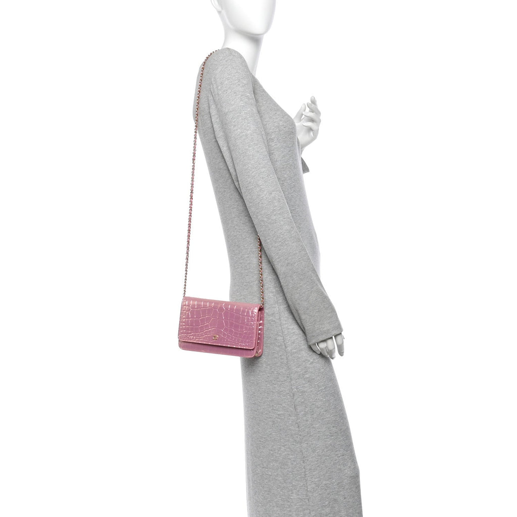 Iridescent Calfskin Crocodile Embossed Wallet On Chain WOC Pink