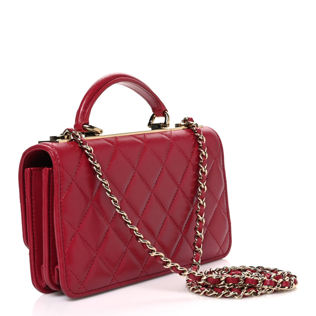 Lambskin Quilted Trendy CC Dual Handle Clutch With Chain Red