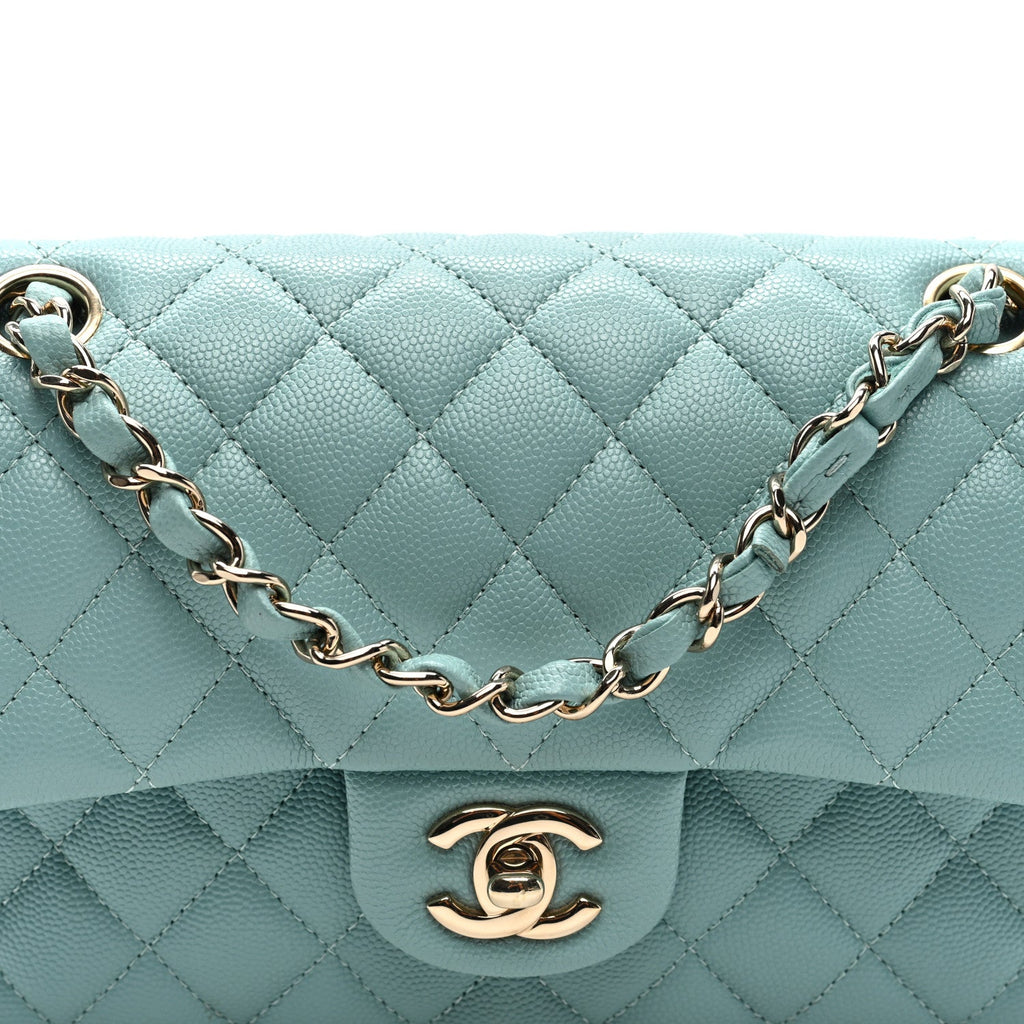 Caviar Quilted Small Double Flap Light Blue