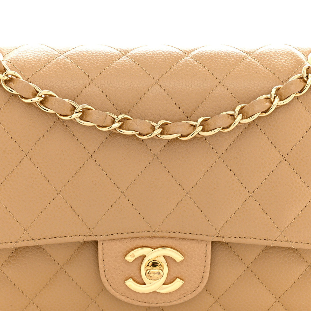 Caviar Quilted Medium Double Flap Beige