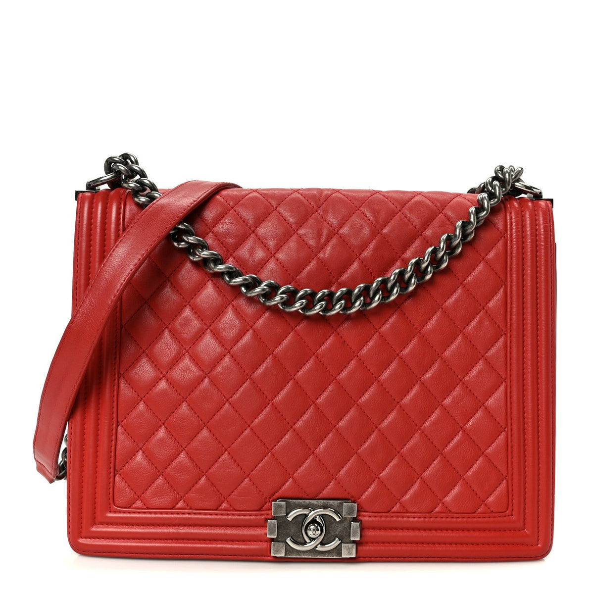 Calfskin Quilted Large Boy Flap Red