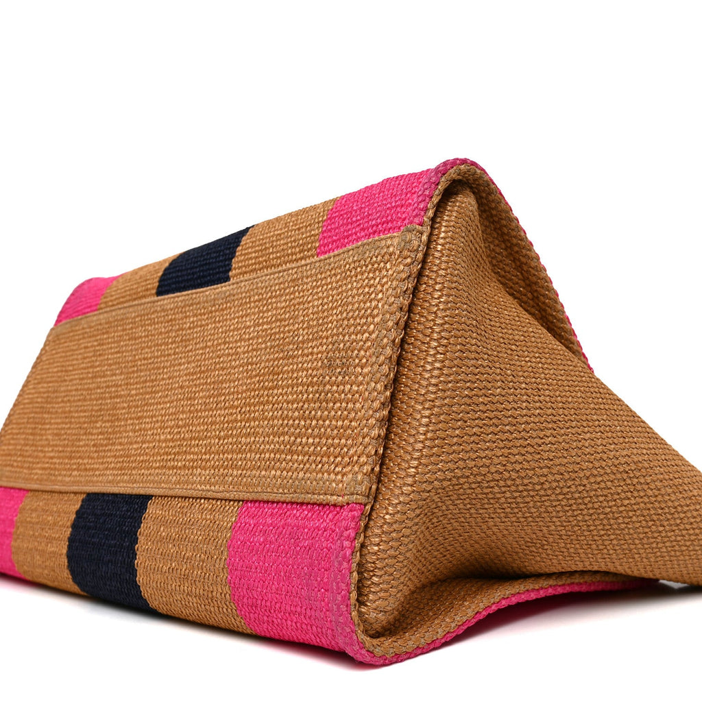 Straw Raffia Calfskin Striped Medium Deauville Tote Dark Beige Fuchsia Navy Blue