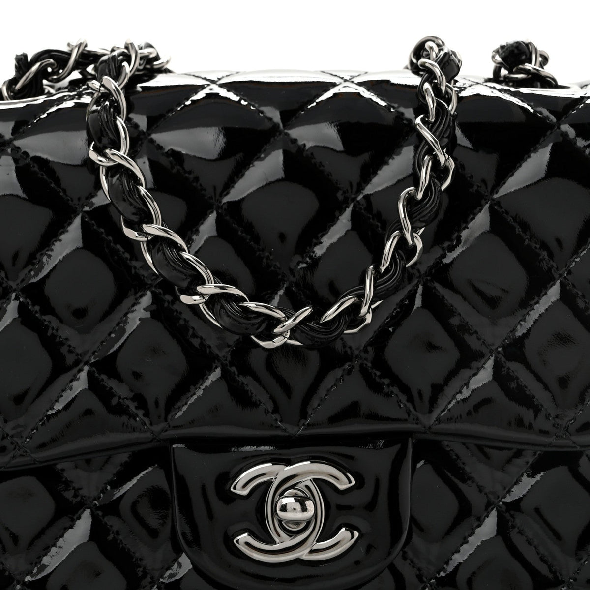 Patent Calfskin Quilted Mini Square Flap Black