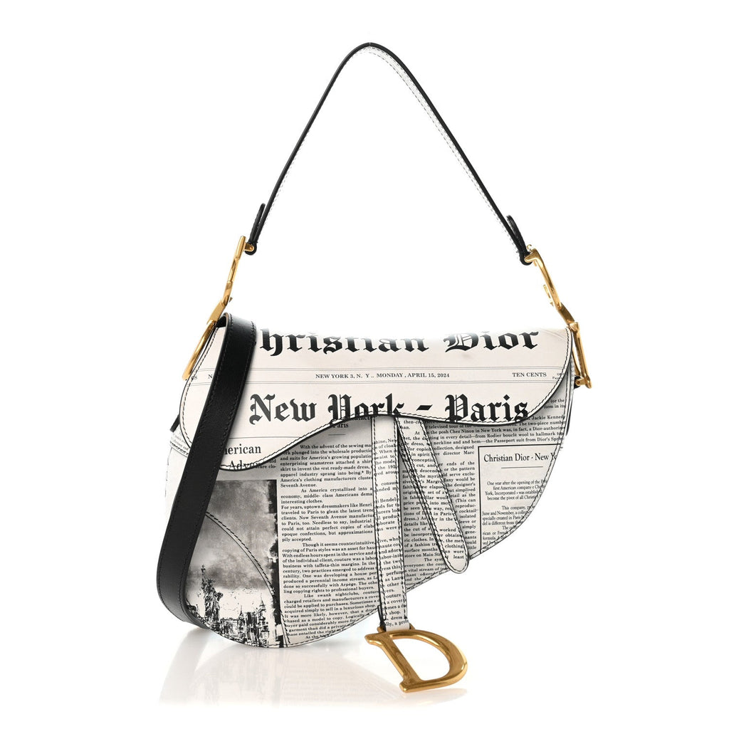 Calfskin Newspaper Printed Saddle Bag With Strap Black White