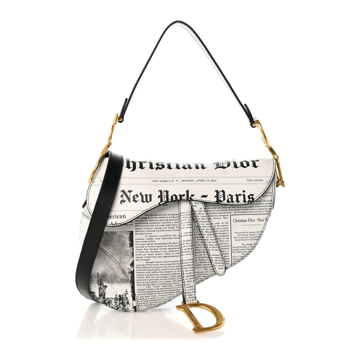 Calfskin Newspaper Printed Saddle Bag With Strap Black White