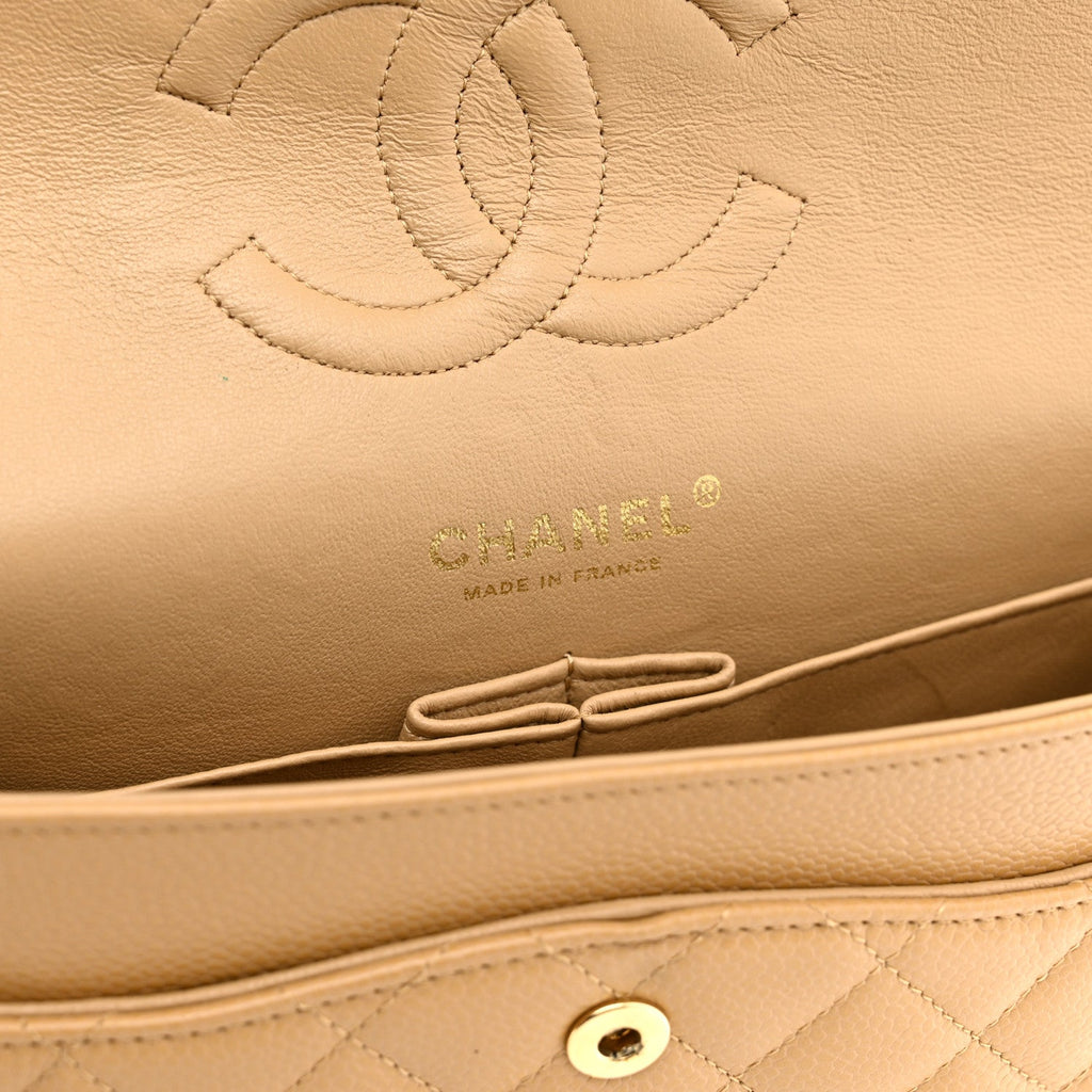 Caviar Quilted Medium Double Flap Beige
