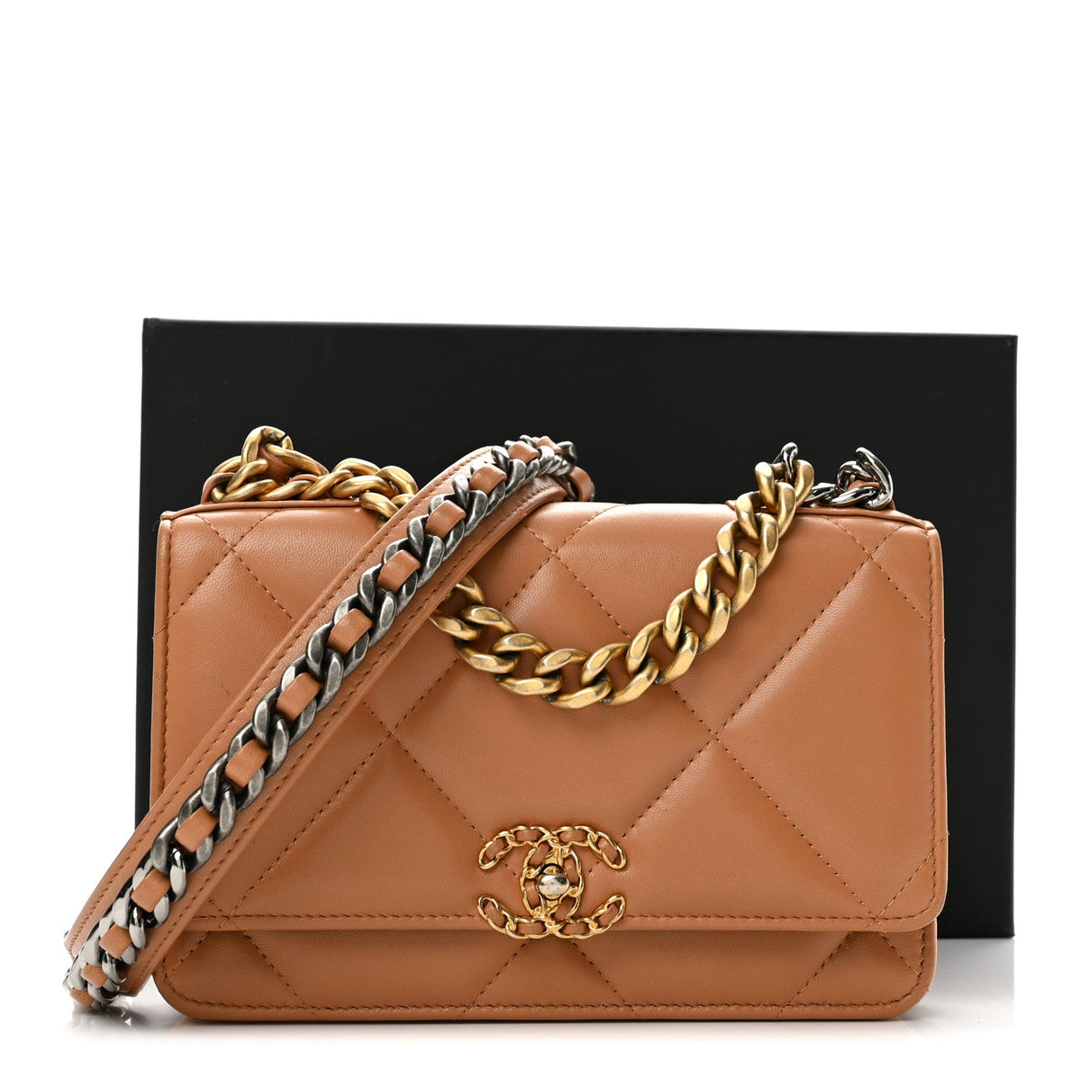 Lambskin Quilted Chanel 19 Wallet On Chain WOC Brown